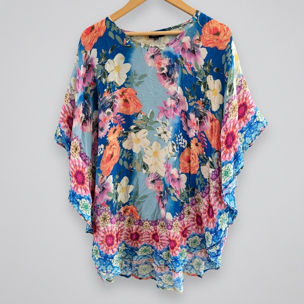 Tolani Women XL Blue Multicolor Silk Floral Poncho Top Bohemian Kaleidoscope
